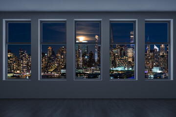 Midtown New York City Manhattan Skyline Buildings from High Rise Window. Beautiful Expensive Real Estate. Empty room Interior Skyscrapers View Cityscape. Night time. west side. 3d rendering.