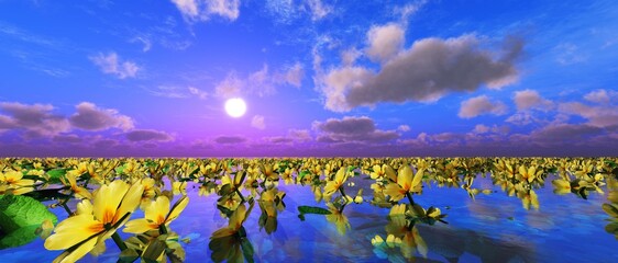 Beautiful flowers in the water against the sky with the sun and clouds, floral landscape at sunset, 3d rendering