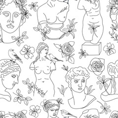 Seamless pattern of line ancient statue with flowers isolated on white background. Collage of contemporary art. Fashion design.