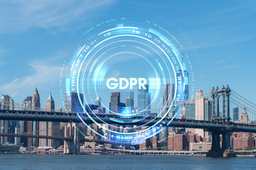 Brooklyn and Manhattan bridges with New York City financial downtown skyline panorama at day time over East River. GDPR hologram, concept of data protection, regulation and privacy for all individuals