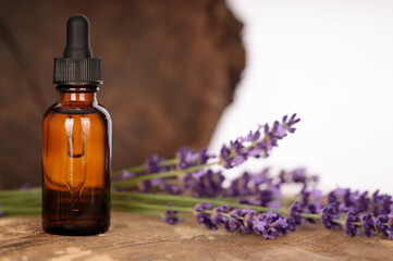 Lavender oil in bottle with dropper on wooden trunk. Natural composition.
