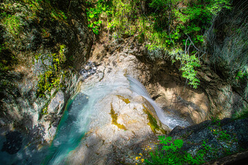 With its weathered crags and pinnacles, Rosengartenschlucht Canyon in Imst, Oberinntal Valley, is...