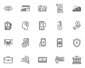 set of finance line icons, money, market, bank