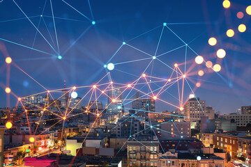 Roof top panoramic city view of San Francisco at night time, midtown skyline, California, United States. Social media hologram. Concept of networking and establishing new people connections
