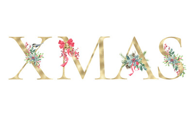 Watercolor Christmas Xmas letters typography illustration Holiday floral lettering,text script flower bouquet for banner, greeting card, poster, invitation, Merry Christmas, New Year, Happy holiday