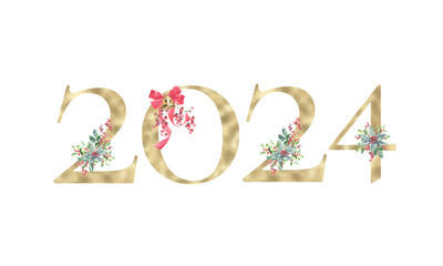 Naklejka premium Watercolor Christmas 2024 letters typography illustration Holiday floral lettering,text script flower bouquet for banner, greeting card, poster, invitation, Merry Christmas, New Year, Happy holiday