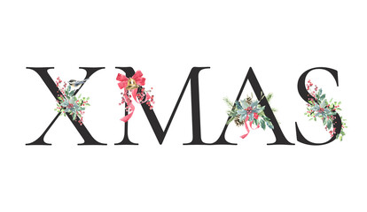 Watercolor Christmas Xmas letters typography illustration Holiday floral lettering,text script flower bouquet for banner, greeting card, poster, invitation, Merry Christmas, New Year, Happy holiday