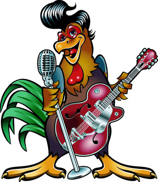 Cartoon rooster in rockabilly style holding guitar and microphone