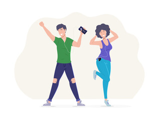 Smiling young man and woman enjoying music wearing earphones