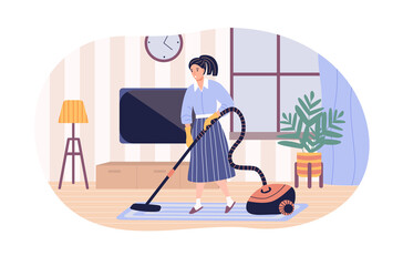 Woman cleaning floor and carpet with vacuum cleaner