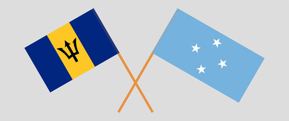 Crossed flags of Barbados and Micronesia. Official colors. Correct proportion