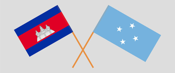 Crossed flags of Cambodia and Micronesia. Official colors. Correct proportion