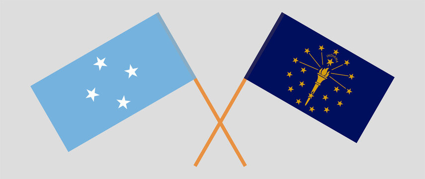 Crossed flags of Micronesia and the State of Indiana. Official colors. Correct proportion