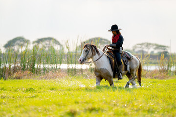 One cowboy with hat control horse to walk through grass field cover by water near river and show...