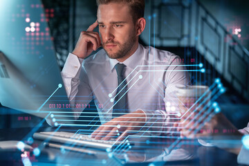 Two colleagues in formal wear working together to optimize business process by applying new technologies. Hi tech holograms over modern office background with panoramic windows