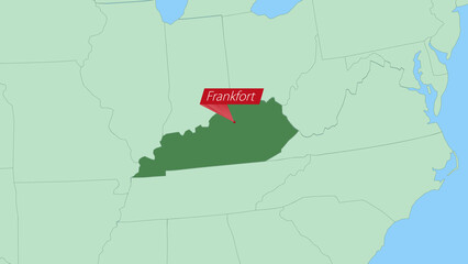 Map of Kentucky with pin of country capital.