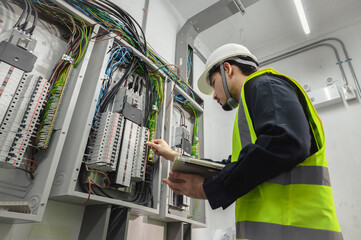 Electrical Engineer team working front control panel, An electrical engineer is installing and...