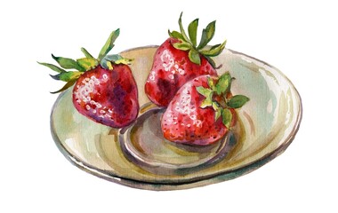Strawberries on a plate. Watercolor food illustration.