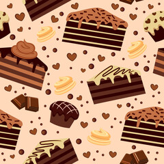 seamless pattern with chocolate brownies and muffins. chocolate products. vector illustration