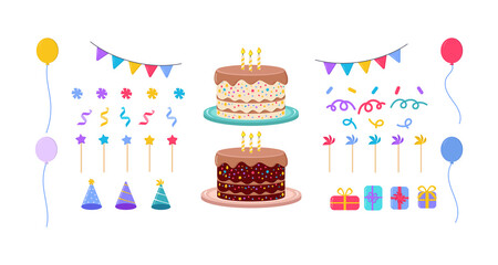   Illustration birthday party vector set. Element for fun anniversary day celebrate,  gift; balloon, cake, party hat; candle; isolated on white.