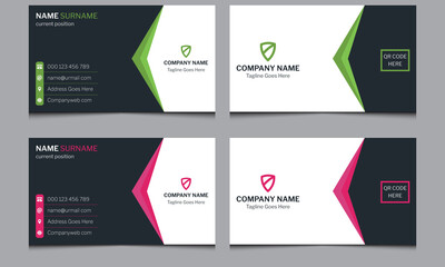 Simple clean unique horizontal professional abstract minimal company creative corporate elegant business name visiting card design template green and pink color.