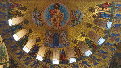 Religious interiors. Decorations and frescoes on the dome of the Naval Cathedral of St. Nicholas...