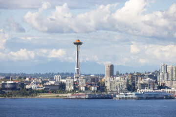 Downtown Seattle, Washington, United States of America. View of the Modern City on the Pacific Ocean Coast. Cloudy Blue Sky.