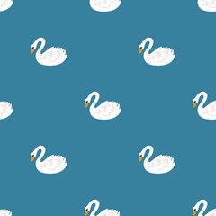 Children s seamless pattern with the image of a white swan on a blue background. Perfect for kids clothing, fabric, textiles, baby jewelry, wrapping paper.