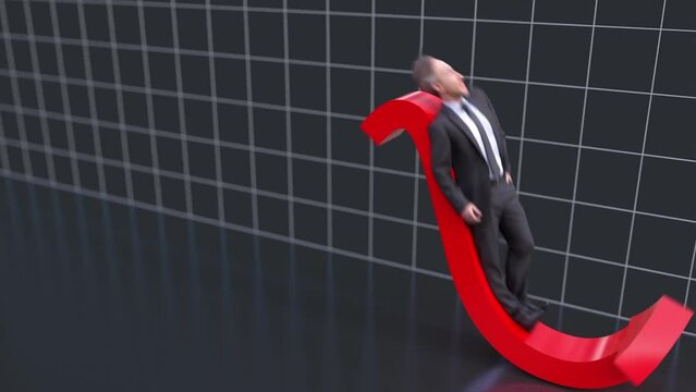 businessman rides on the stock market on the red arrow