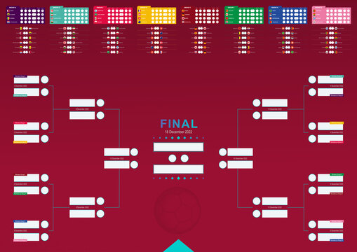 Vector table of the group stage of the World Football Championship 2022.  Each group is in a different color Stock Vector