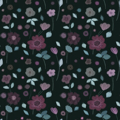 Seamless floral pattern on a dark background, in pastel colors. Hand drawn, pastel texture, paper texture, canvas texture.