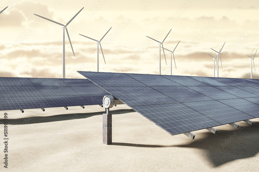 Poster creative solar panel and wind turbines on sky and fluffy clouds background. renewable energy and far
