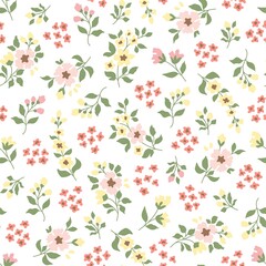 Seamless pattern of a little flowers and branch with leaves. Abstract small flower patter. Vector illustration.