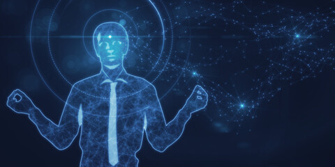 Abstract polygonal businessman meditating on blue backdrop. Low poly, technology, ai, future and digital transformation concept. 3D Rendering.