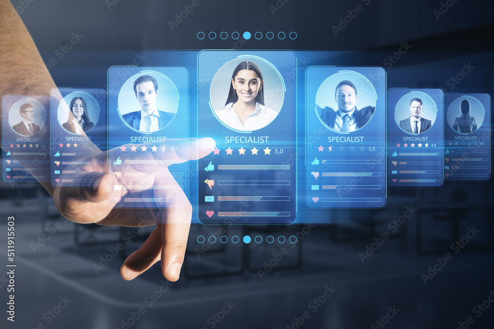 Poster online recruitment application and one day specialist search service concept with man finger on virt