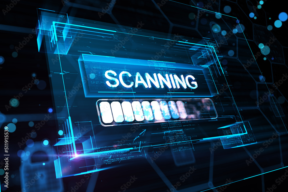 Poster System authorization and security concept with digital white scanning sign in virtual blue glowing frame on abstract dark technological background. 3D rendering