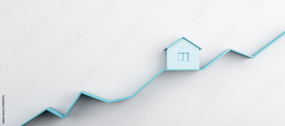 Poster abstract house on blue chart line and wide white wall background with mock up place. property invest