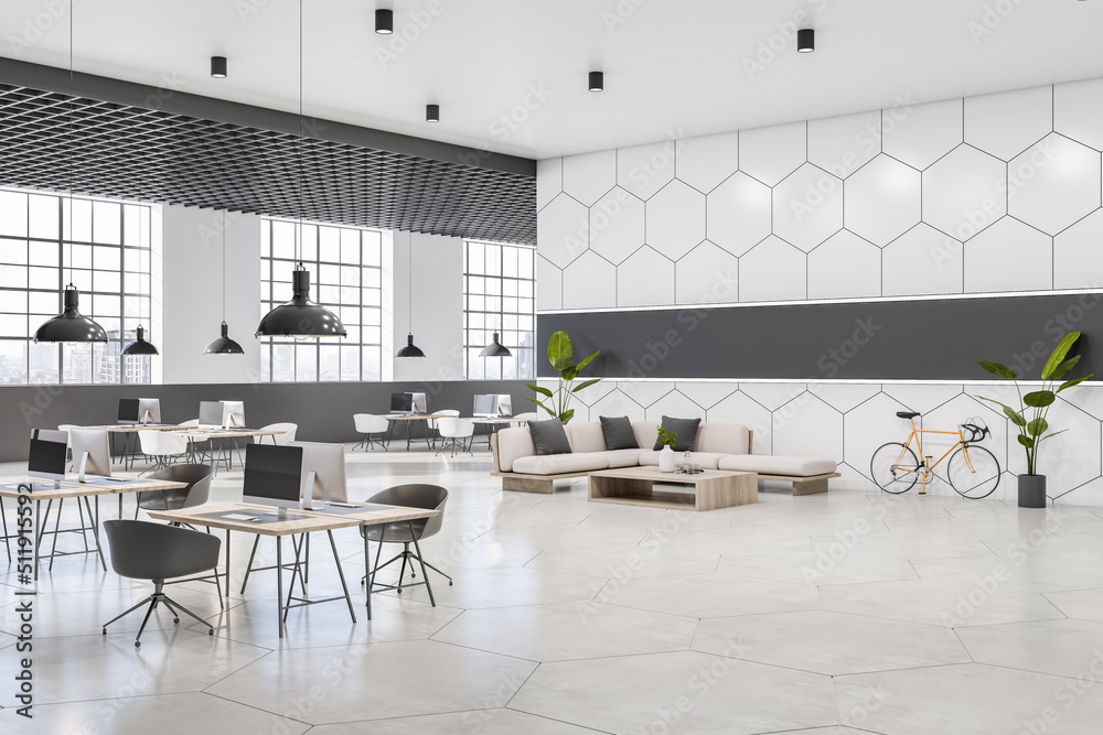 Poster perspective view on sunlit open space office with monochrome interior design, glossy floor, cells pr