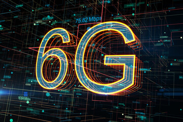 6G network concept, high speed mobile internet and new generation networks with digital glowing...