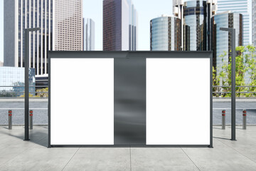 Empty white bus stop billboard on blurry city background. Commercial and ad concept. Mock up, 3D Rendering.