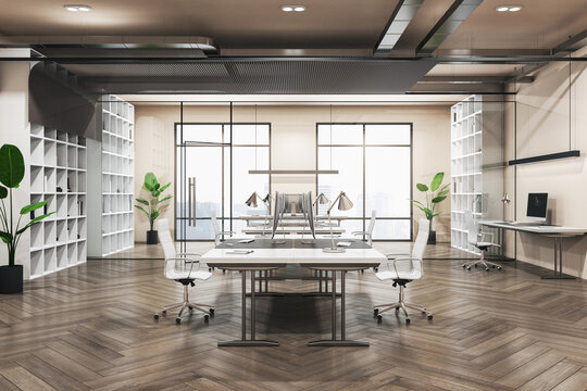 Side view on light spacious eco interior design coworking office with white furniture, modern computers, parquet floor, beige walls and city view from windows. 3D rendering