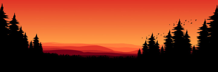 tree silhouette in landscape flat design vector illustration for background, wallpaper, background template, tourism, adventure and design template