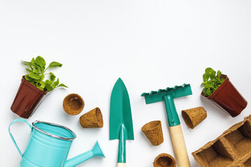 Gardening tools and plant seedlings on a white background. The concept of spring planting. Top view...