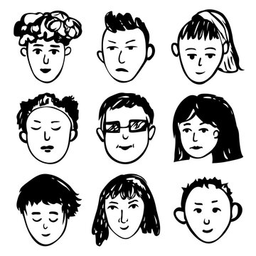 Vector set of hand drawn doodle faces of different people with different emotions