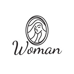Beautiful female head in circle badge logo design, beauty salon cosmetic vector icon, Template,SPA, Fashion, Makeup, Hairdressing girl Logotype linear style icon concept.
