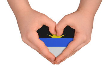 Kid's hands in heart- form. National peace concept on white background. Antigua and Barbuda