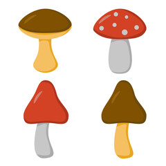 A set of brown and red mushrooms (boletus, fly agaric) in a flat style. Vector image.