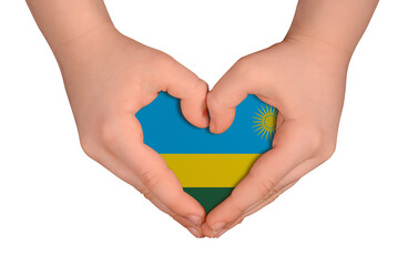 Obraz premium Kid's hands in heart- form. National peace concept on white background. Rwanda