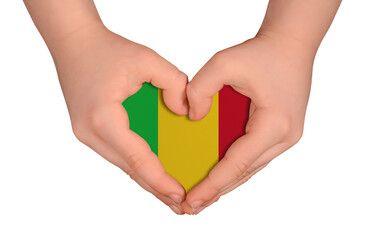 Obraz premium Kid's hands in heart- form. National peace concept on white background. Mali
