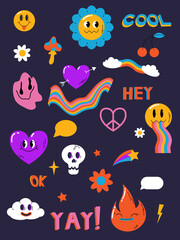 Psychedelic trippy large pack, Acid abstract characters and objects. In a cartoon style, a set of bright psychedelics, all elements are isolated EPS